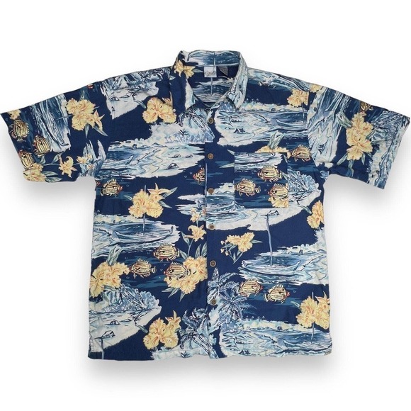 VTG OP Sport Mens Large Hawaiian Button Shirt Fish Floral Boat Surf - Picture 1 of 4